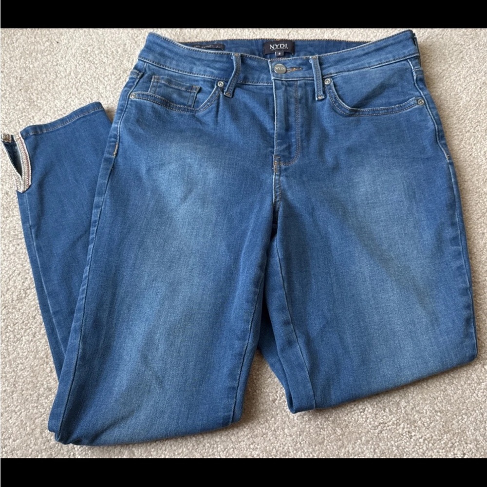 NYDJ Womens 6 AMI Stretch Skinny Jeans Blue Denim Slit Ankle Inseam 27"